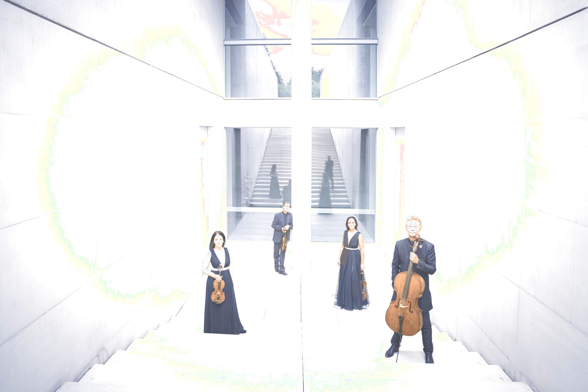 Auf dem Bild sieht man zwei Frauen und zwei Männer. Sie sind das Minguet Quartett. Sie stehen getrennt voneinander auf einer weißen Treppe und halten ihre Musikinstrumente in der Hand. Alle sind in Abendkleidung gekleidet.